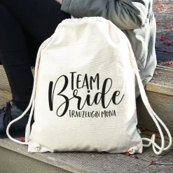 JGA Baumwoll-Rucksack mit Wunschname | Team Bride | Schwarz & Natur