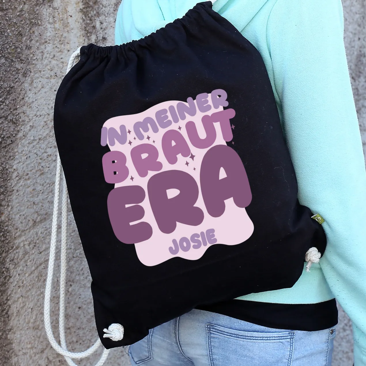 JGA Baumwoll-Rucksack mit Wunschname für die Braut-to-be | Schwarz & Natur
