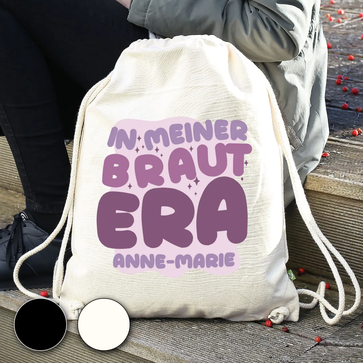 JGA Baumwoll-Rucksack mit Wunschname für die Braut-to-be | Schwarz & Natur