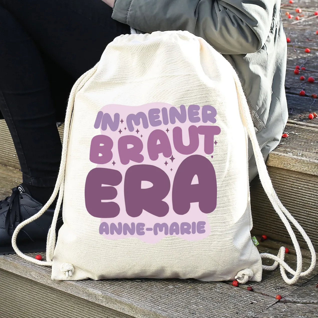 JGA Baumwoll-Rucksack mit Wunschname für die Braut-to-be | Schwarz & Natur