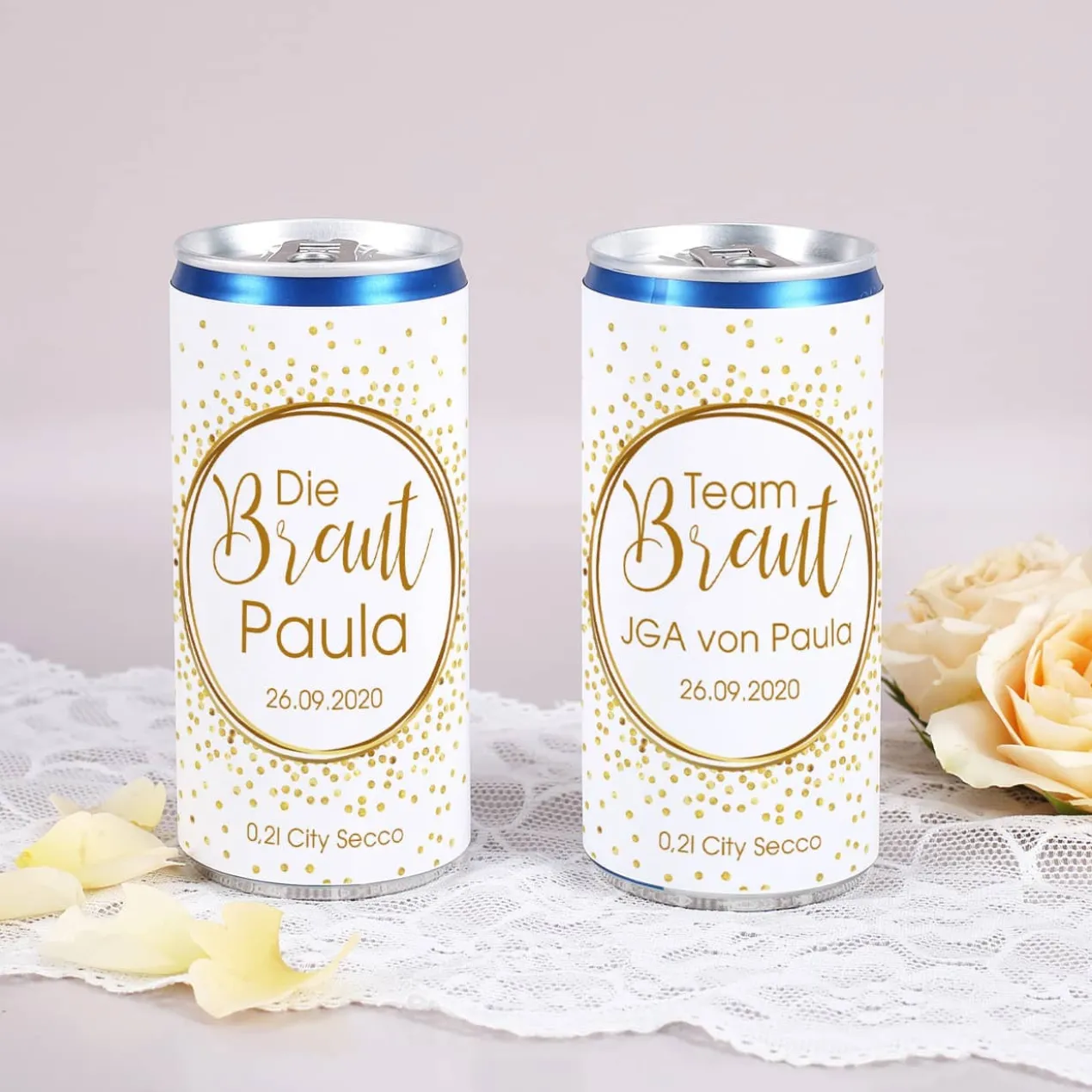 JGA-Secco für Braut und Team Braut mit Name und Datum