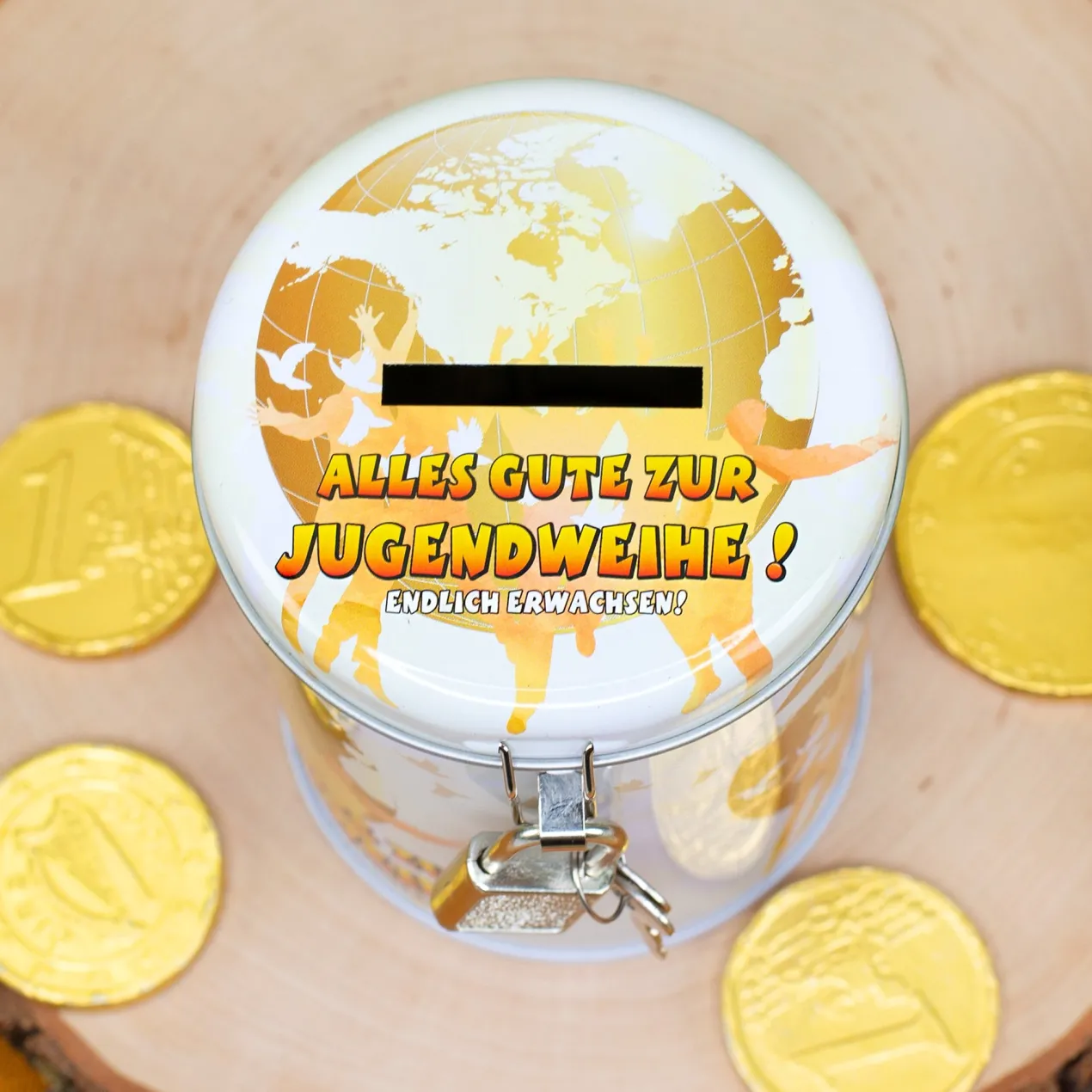 Jugendweihe Spardose aus Metall mit Schloss