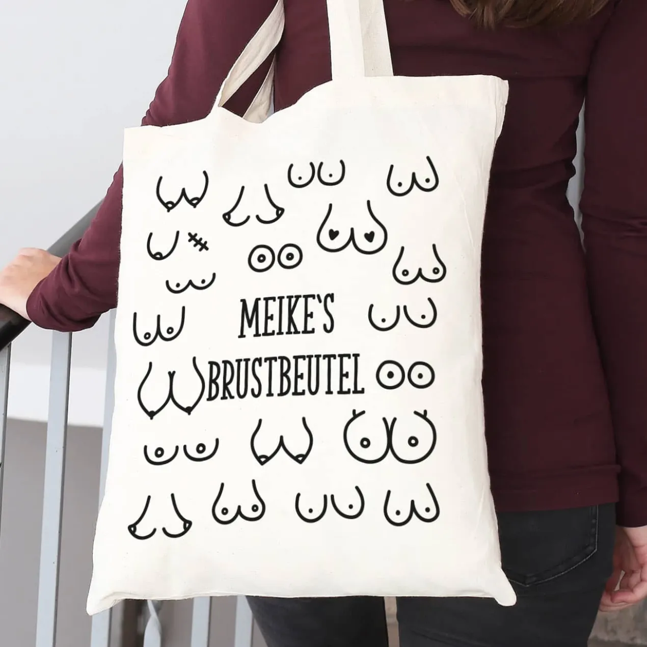 Jutebeutel mit Busenmotiv und Wunschtext
