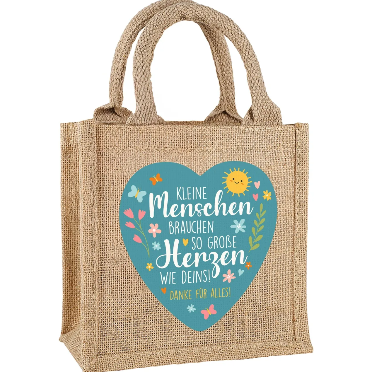 Jute-Geschenktüte als Dankeschön für Erzieher mit Wunschtext und Herz-Motiv
