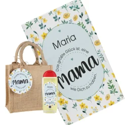 Jutetüte mit Wein-Duschgel und persönlichem Handtuch für die beste Mama