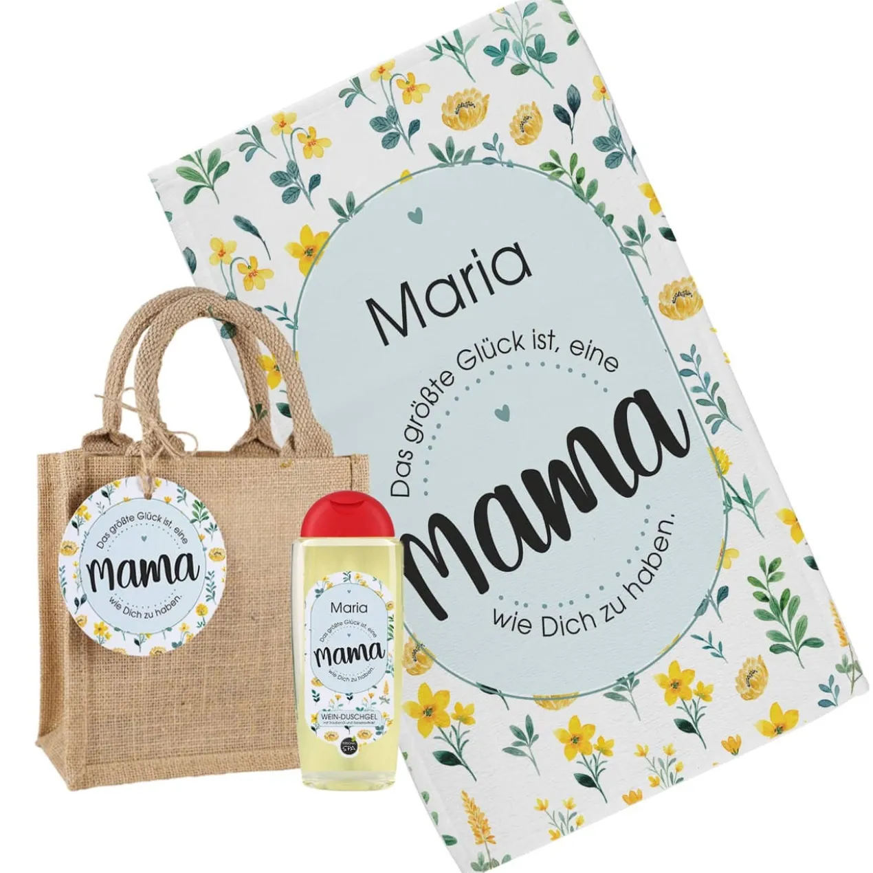 Jutetüte mit Wein-Duschgel und persönlichem Handtuch für die beste Mama