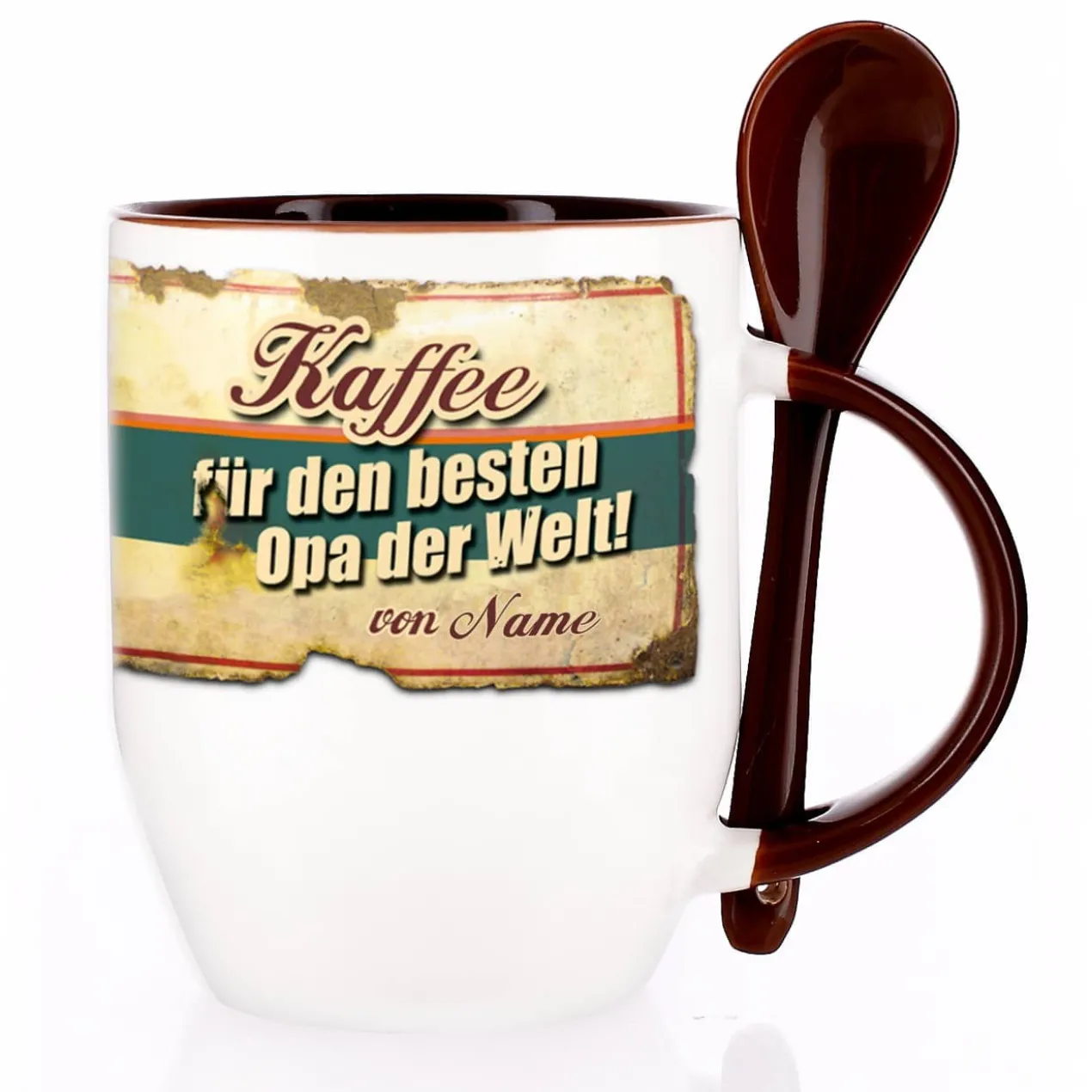 Kaffeetasse mit Löffel für den besten Opa mit Wunschname bedruckt