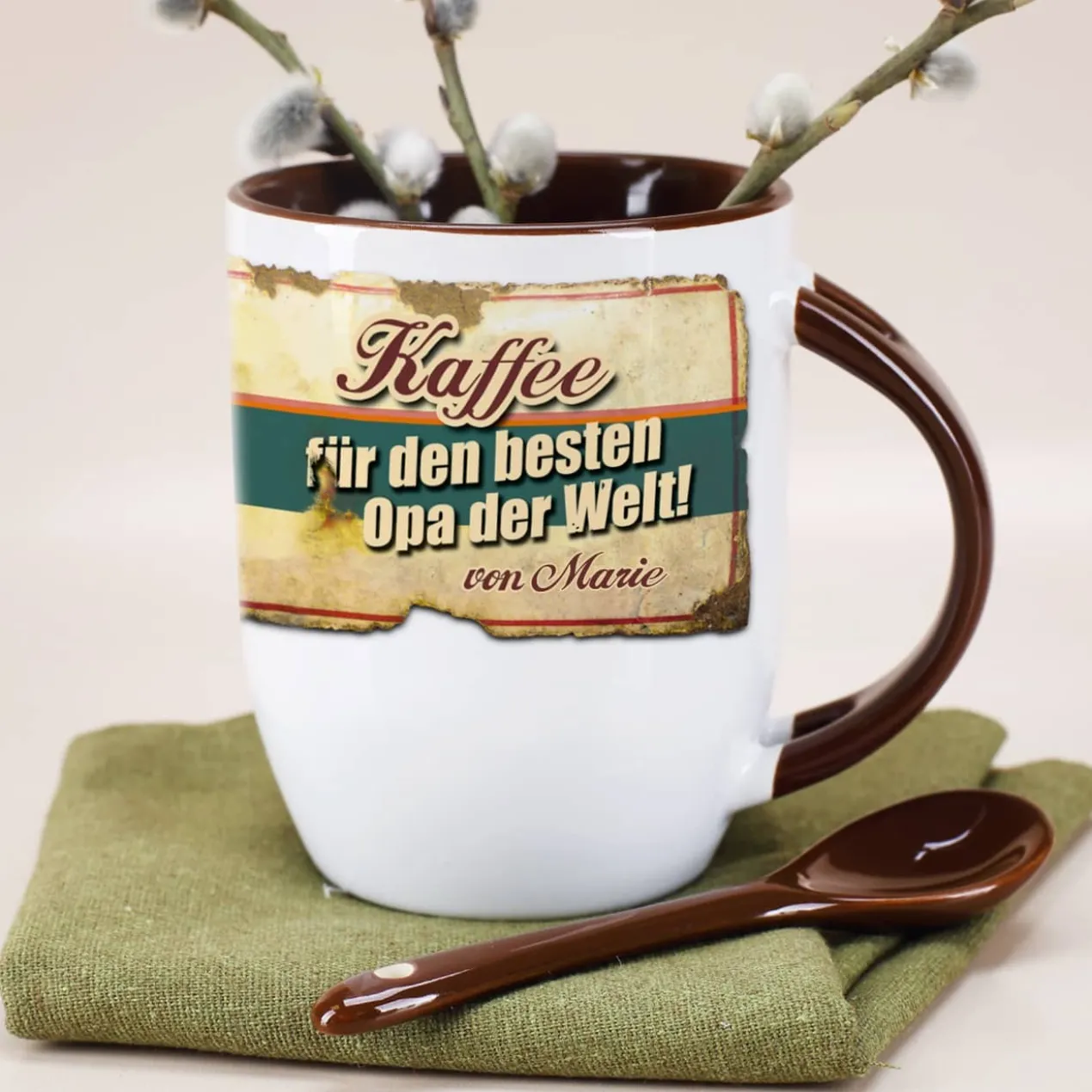 Kaffeetasse mit Löffel für den besten Opa mit Wunschname bedruckt