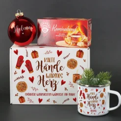 Kalte Hände, warmes Herz - Weihnachtsgeschenkset mit Christbaumkugel, Tee, Emailletasse und Geschenk