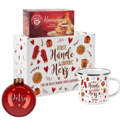 Kalte Hände, warmes Herz - Weihnachtsgeschenkset mit Christbaumkugel, Tee, Emailletasse und Geschenk