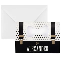 Karte als Männergeschenk mit Hosenträgermotiv und Aussparung für Geldscheine