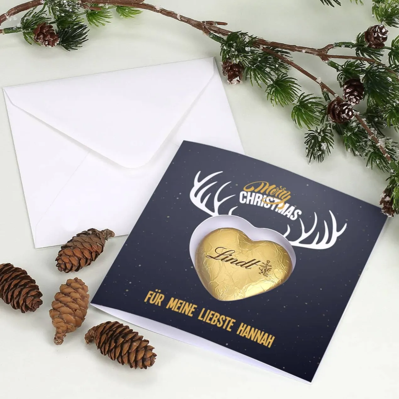 Karte Merry Christmas mit Lindt Schokoherz