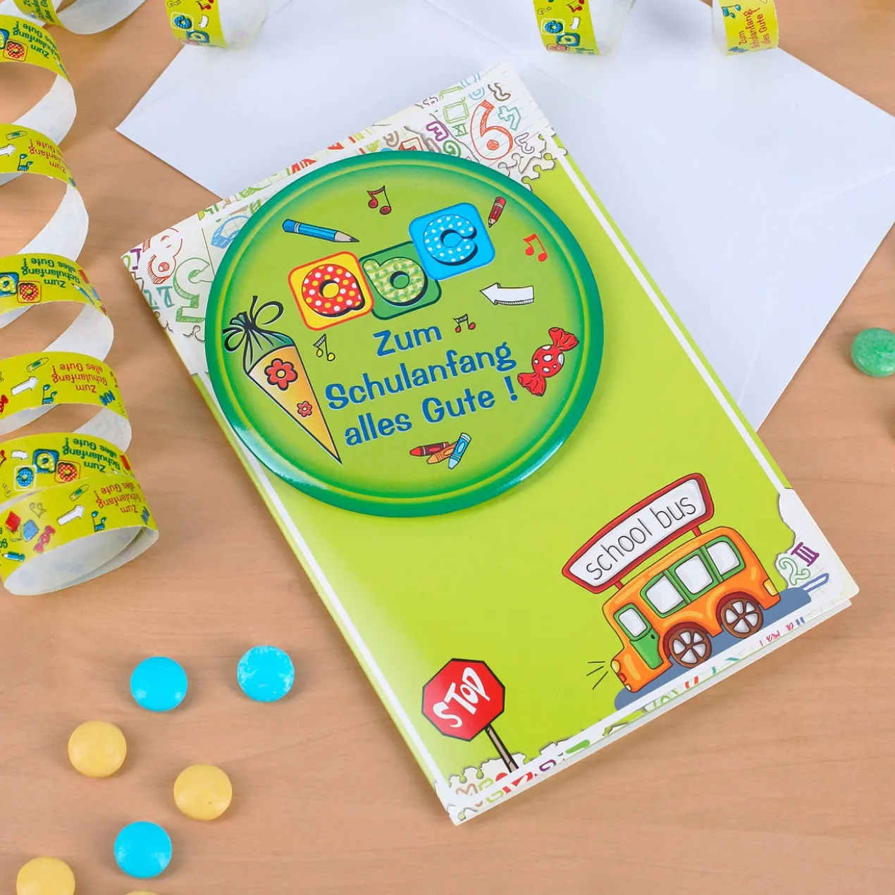 Karte mit abc Button zur Einschulung