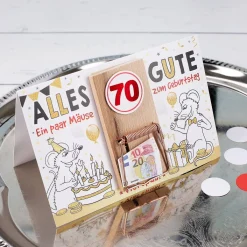 Karte mit Mausefalle zum 70. Geburtstag