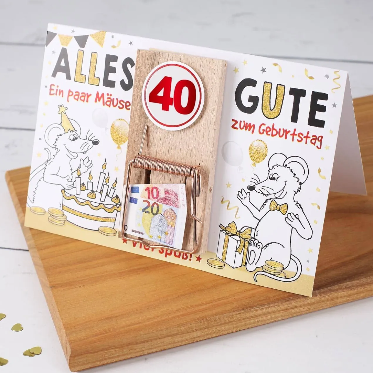 Karte mit Mausefalle zum 40. Geburtstag