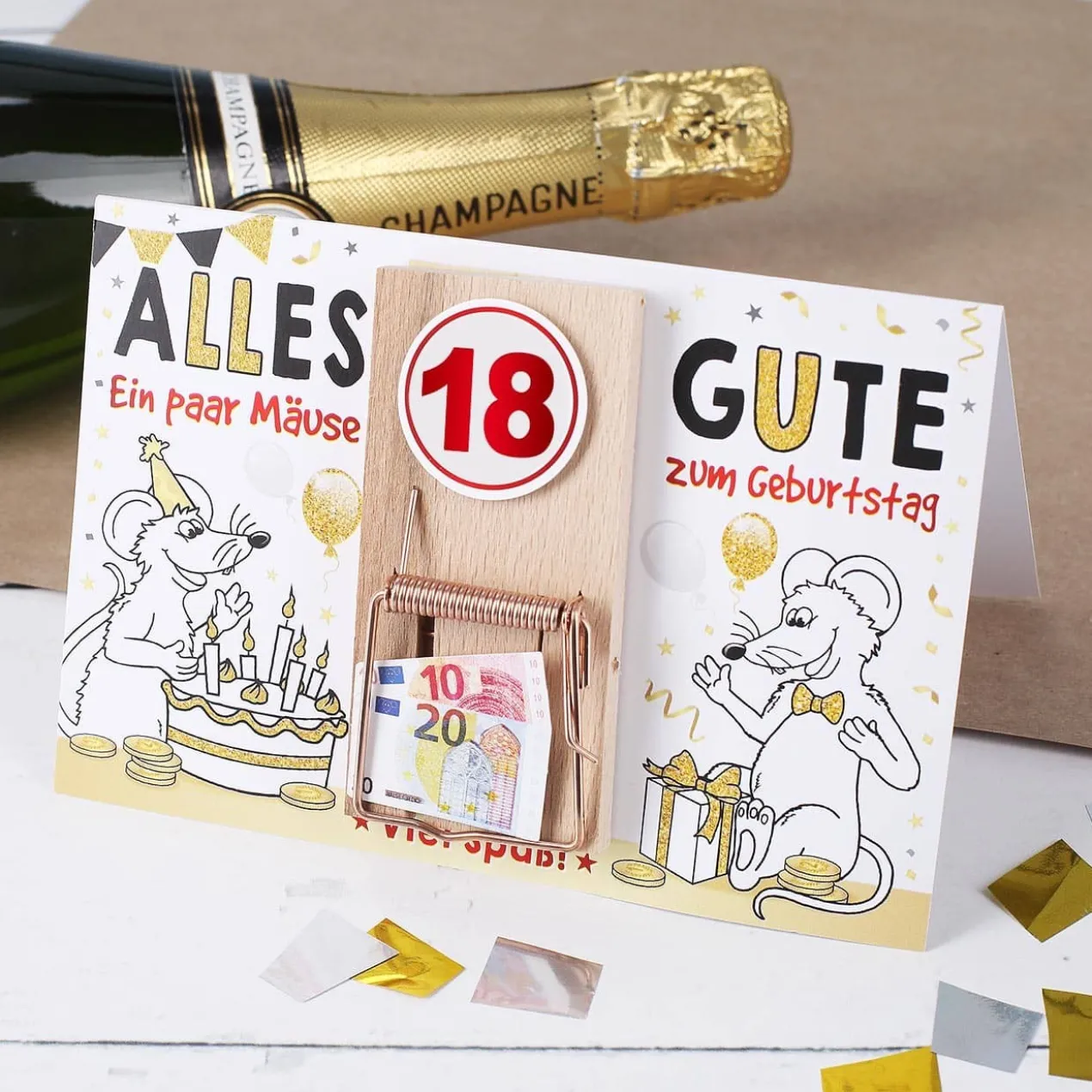 Karte mit Mausefalle zum 18. Geburtstag