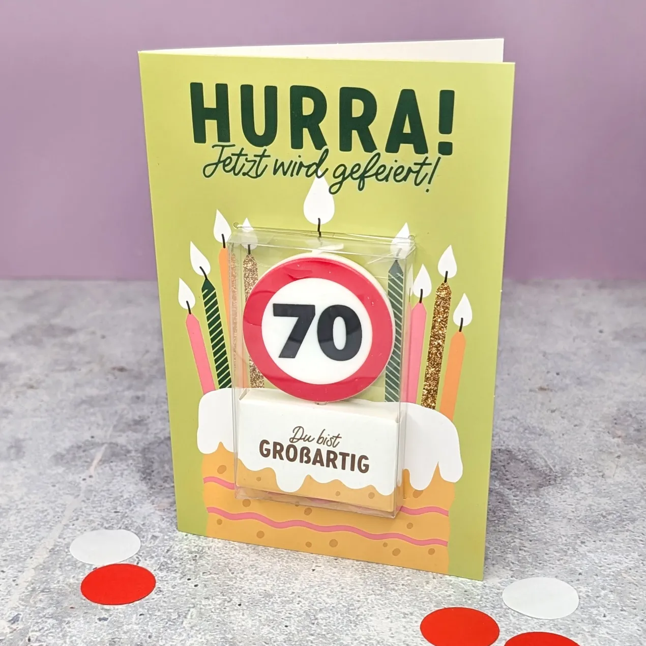 Karte zum Geburtstag mit Kerze in Verkehrszeichen-Design