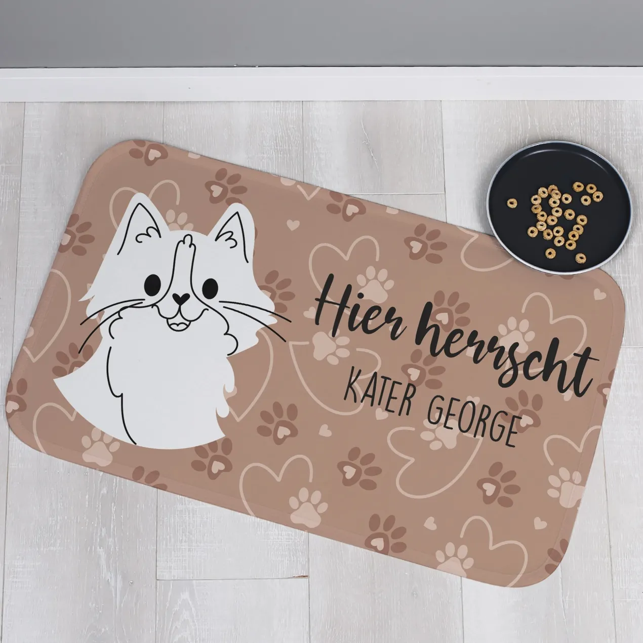Katzenmatte personalisiert mit Wunschtext | Rutschfeste Napfunterlage für Katzen