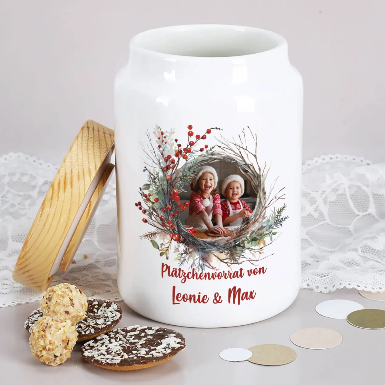 Keksdose mit Fotomotiv zu Weihnachten