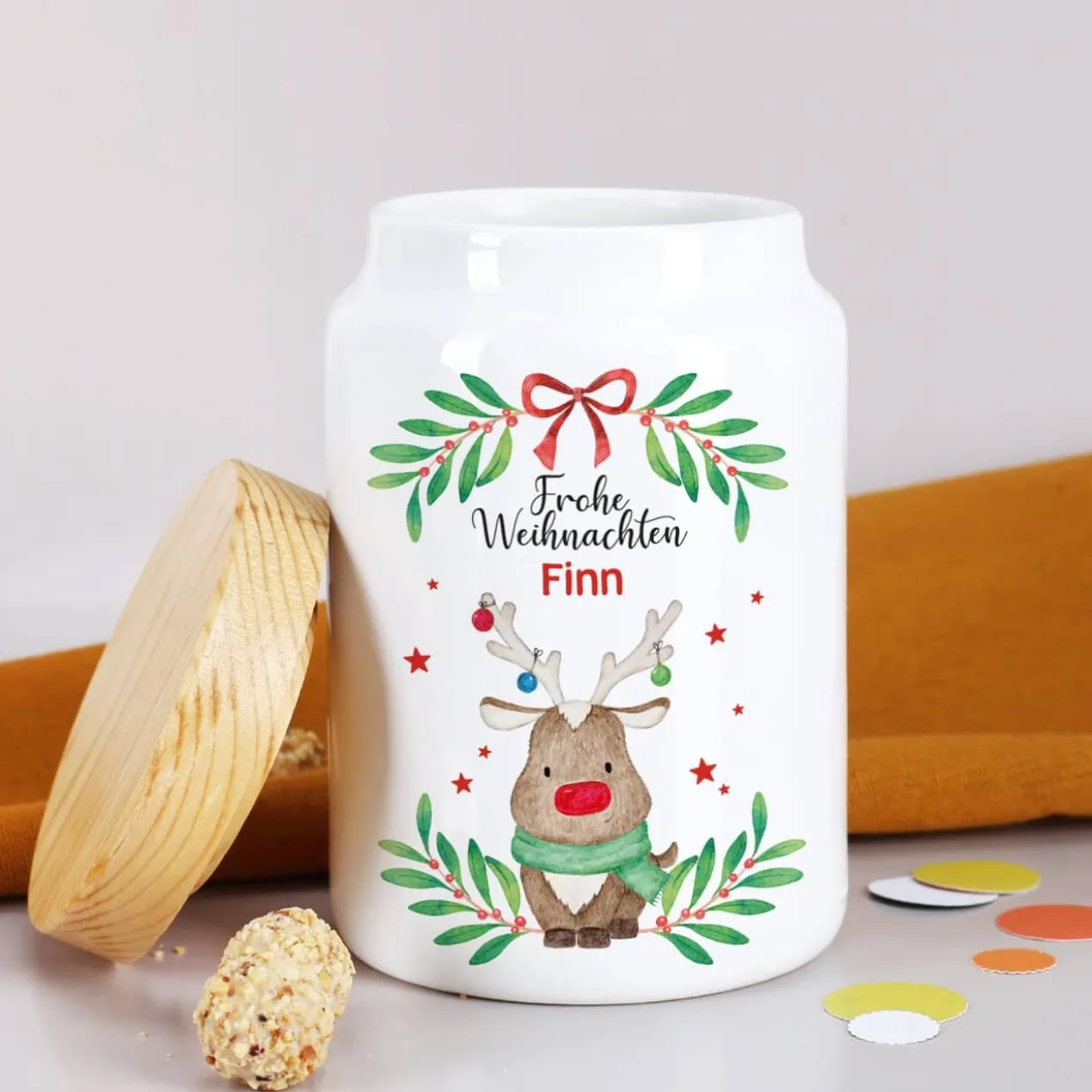 Keksdose mit Weihnachtsmotiv und Namensaufdruck