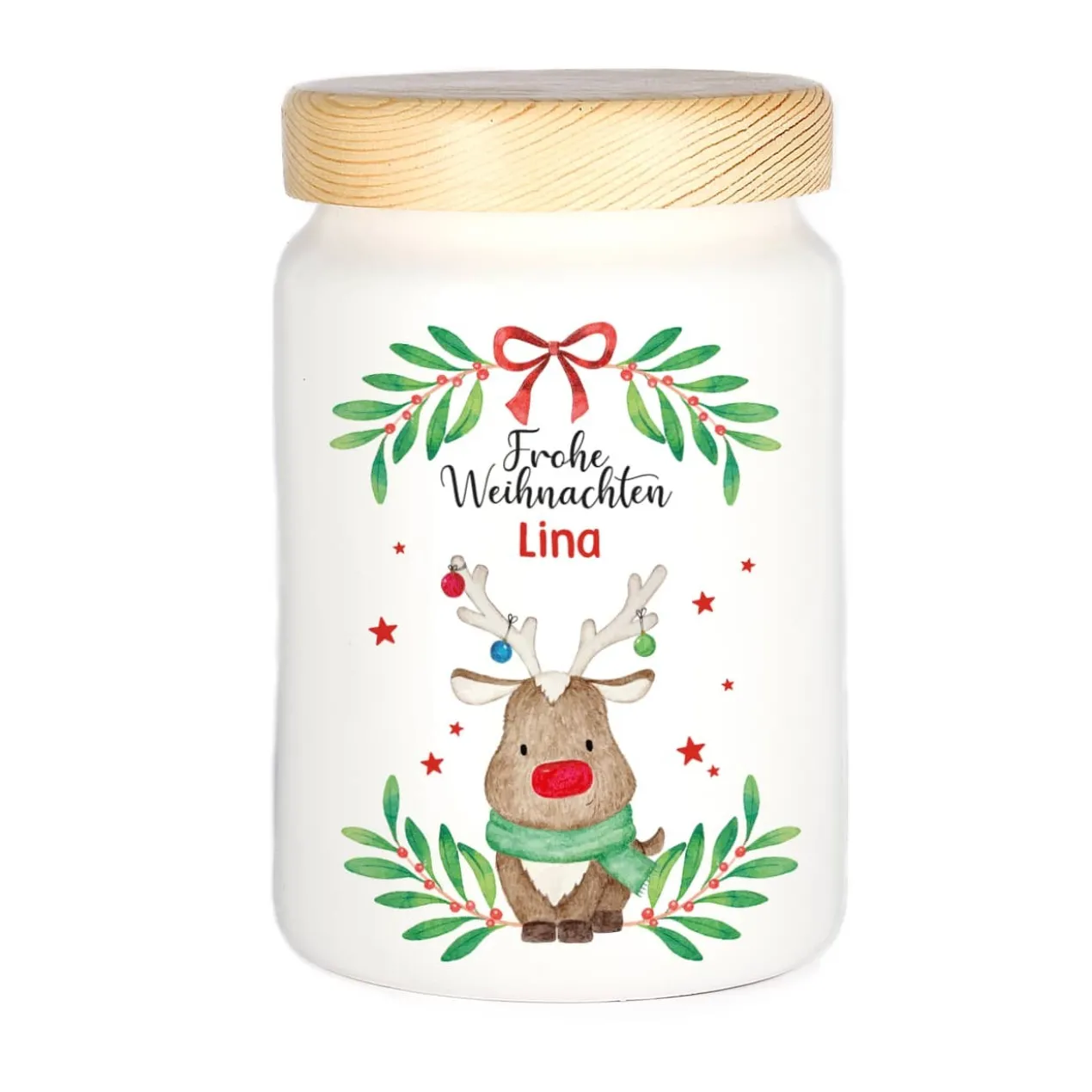 Keksdose mit Weihnachtsmotiv und Namensaufdruck
