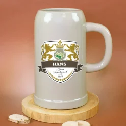 Keramik Bierkrug 'Löwen' personalisiert mit Name & Jahr | Steingut Bierglas 0,5 oder 1 Liter