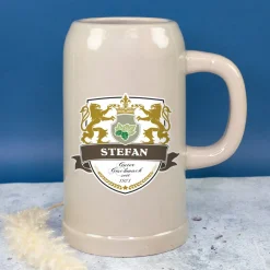 Keramik Bierkrug 'Löwen' personalisiert mit Name & Jahr | Steingut Bierglas 0,5 oder 1 Liter