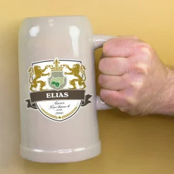 Keramik Bierkrug 'Löwen' personalisiert mit Name & Jahr | Steingut Bierglas 0,5 oder 1 Liter