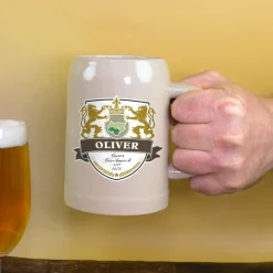 Keramik Bierkrug 'Löwen' personalisiert mit Name & Jahr | Steingut Bierglas 0,5 oder 1 Liter