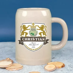 Keramik Bierkrug 'Löwen' personalisiert mit Name & Jahr | Steingut Bierglas 0,5 oder 1 Liter