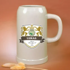 Keramik Bierkrug 'Löwen' personalisiert mit Name & Jahr | Steingut Bierglas 0,5 oder 1 Liter
