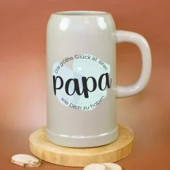 Keramik Bierkrug 'Papa Glück' als Geschenk für Väter | Steingut Bierglas 0,5 oder 1 Liter