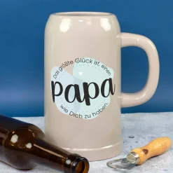 Keramik Bierkrug 'Papa Glück' als Geschenk für Väter | Steingut Bierglas 0,5 oder 1 Liter
