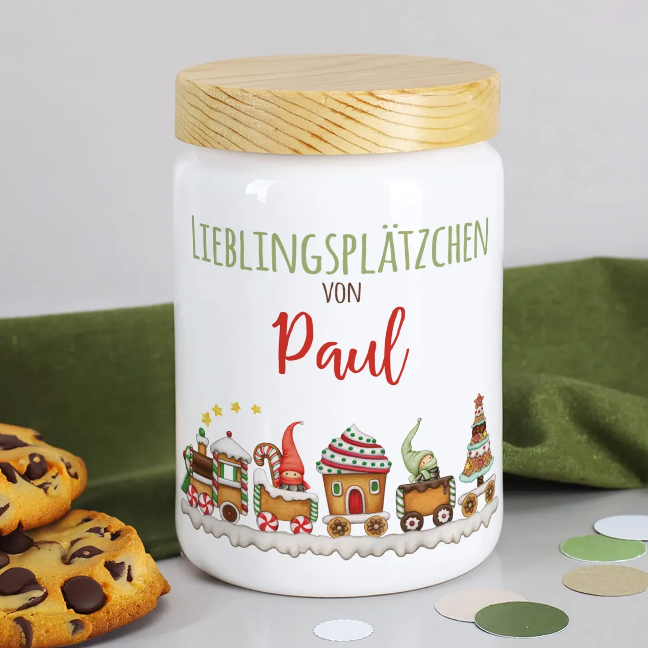Keramikdose für Kinder - Lieblingsplätzchen - mit Wichtel Weihnachtszug und Name