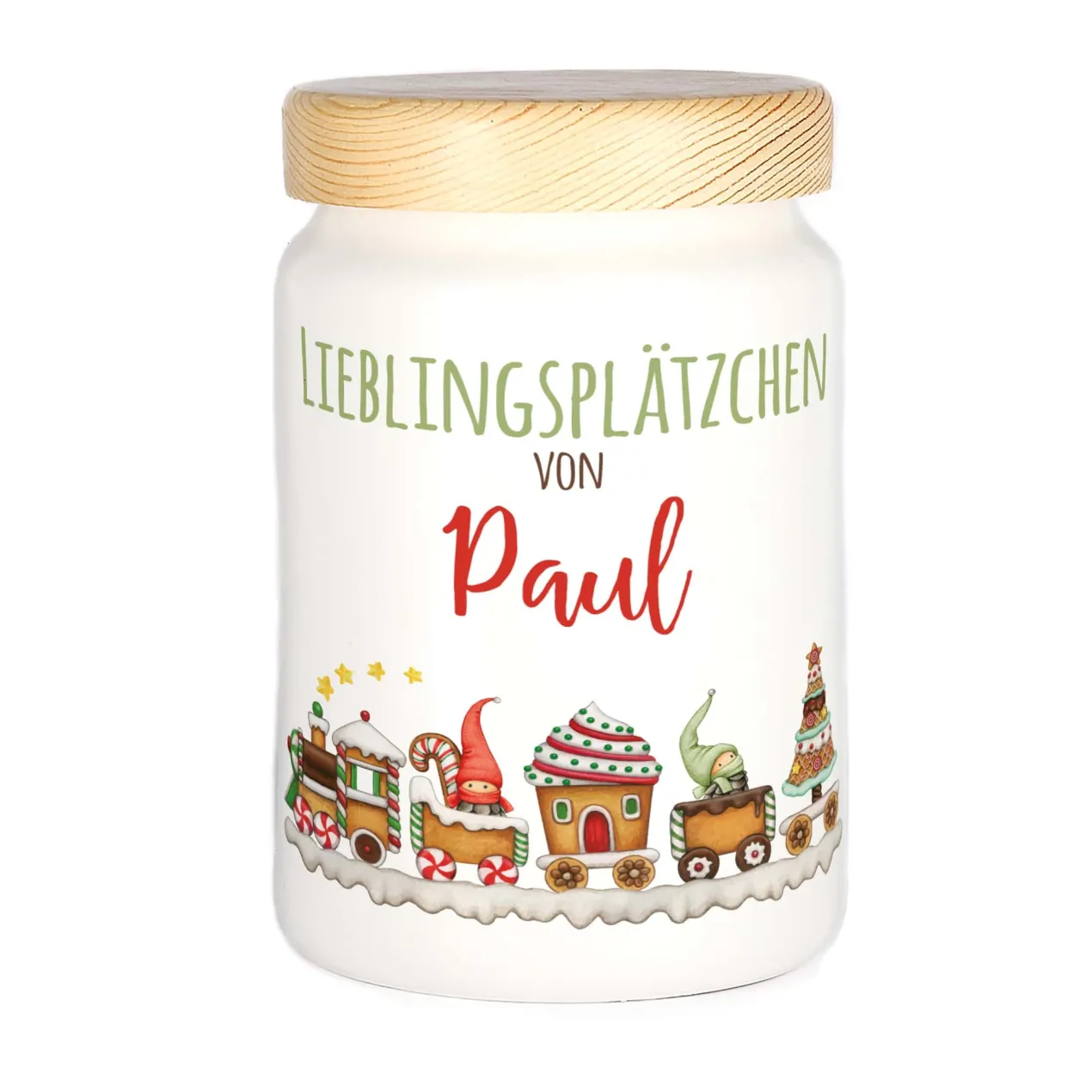 Keramikdose für Kinder - Lieblingsplätzchen - mit Wichtel Weihnachtszug und Name