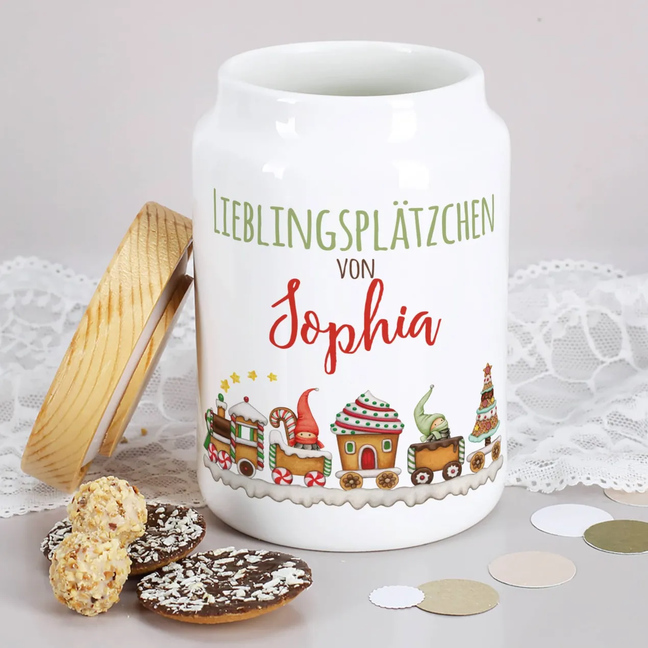 Keramikdose für Kinder - Lieblingsplätzchen - mit Wichtel Weihnachtszug und Name