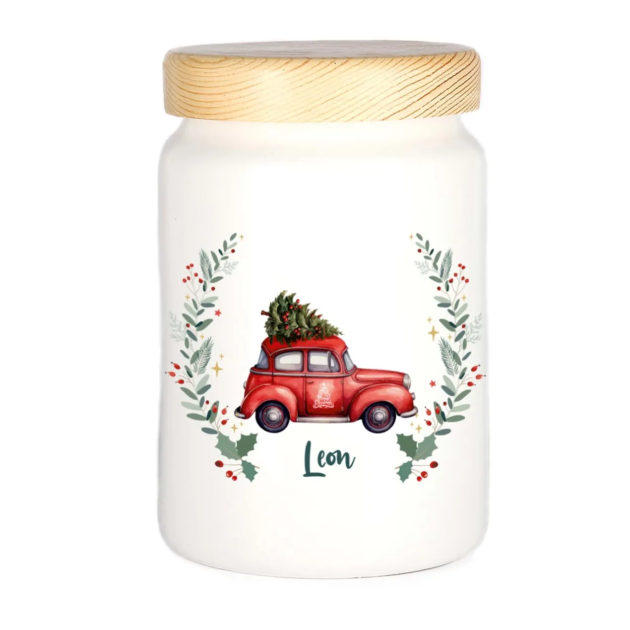 Keramikdose mit weihnachtlichem Motiv und Wunschname