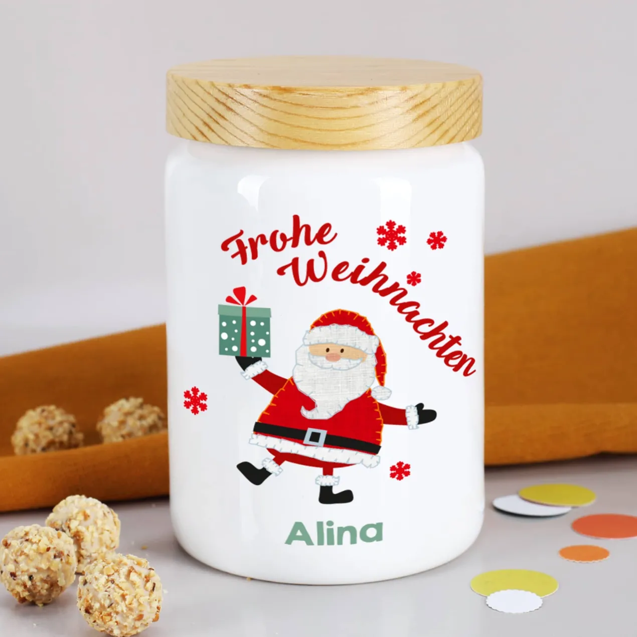 Keramikdose mit Weihnachtsmannmotiv und Personalisierung