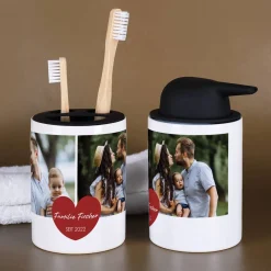 Keramik-Seifenspender und -Zahnputzbecher mit Fotomotiv und Wunschaufdruck