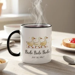 Keramiktasse mit Enten & Spruch 'Biele Biele Biele' | Lustige Meme-Tasse für TV- und Tierfreunde