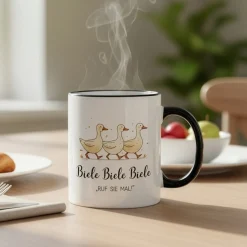 Keramiktasse mit Enten & Spruch 'Biele Biele Biele' | Lustige Meme-Tasse für TV- und Tierfreunde
