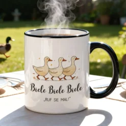 Keramiktasse mit Enten & Spruch 'Biele Biele Biele' | Lustige Meme-Tasse für TV- und Tierfreunde