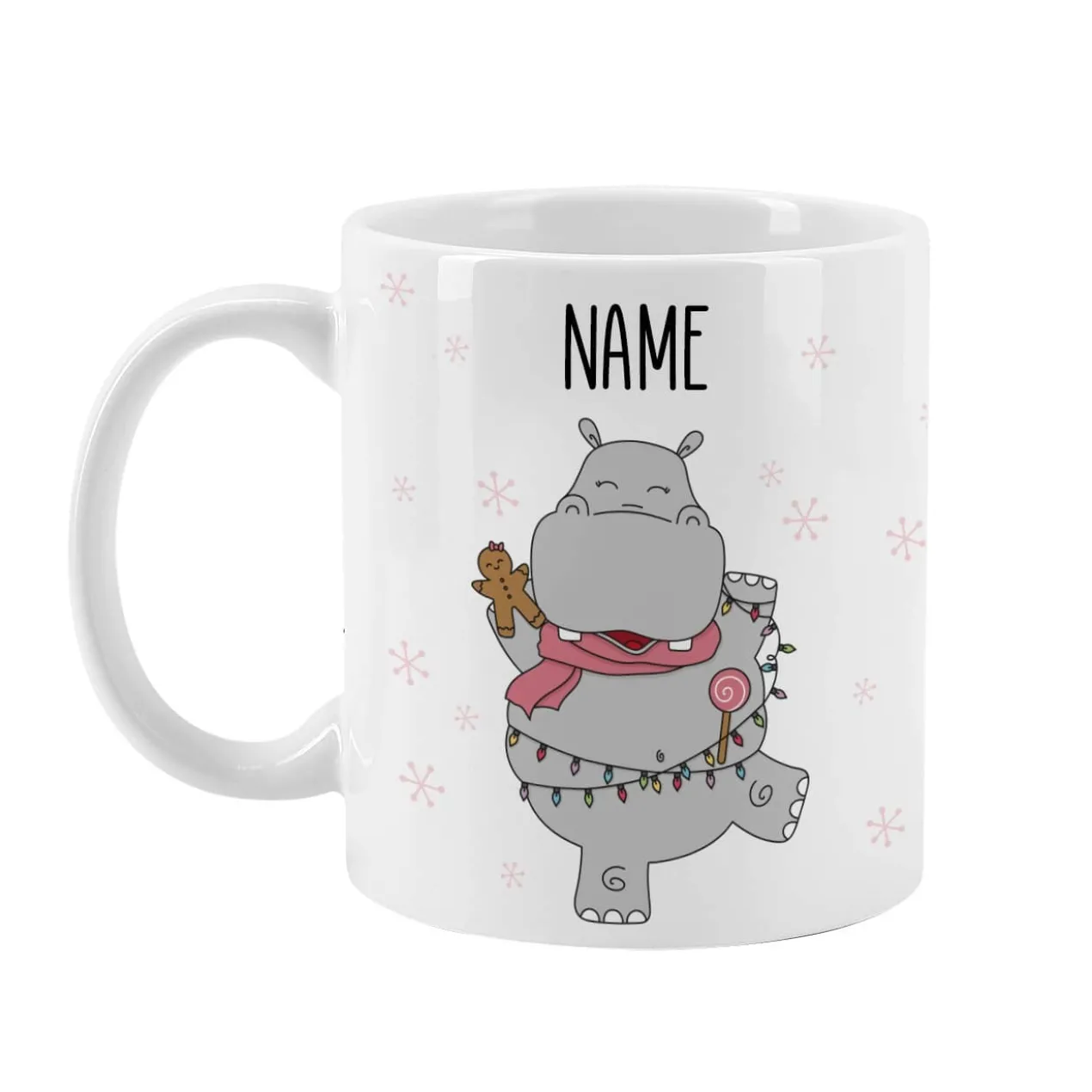 Keramiktasse mit Nilpferd, Ihrem Wunschnamen und Schneeflocken
