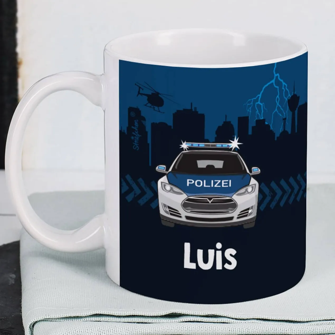 Keramiktasse mit Polizeiauto und Name