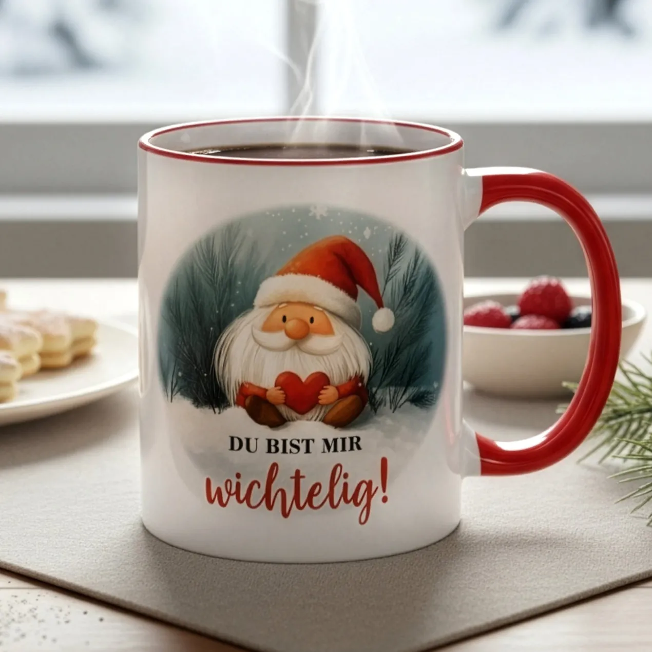 Keramiktasse mit Wichtel & Spruch 'Du bist mir wichtelig!' | Wichtelgeschenk zu Weihnachten