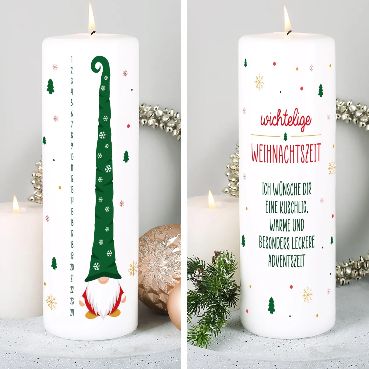 Kerze als Adventskalender mit Wichtel und Wunschtext | Wichtelige Weihnachtszeit