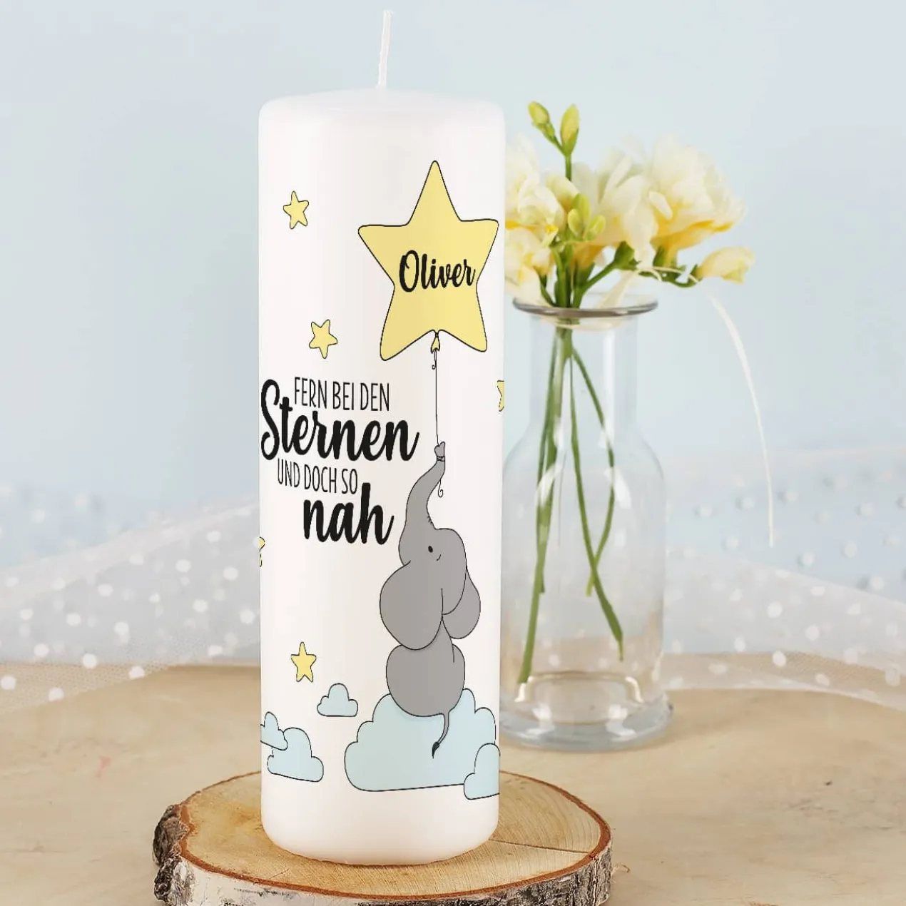 Kerze "Fern bei den Sternen" mit Name des Kindes