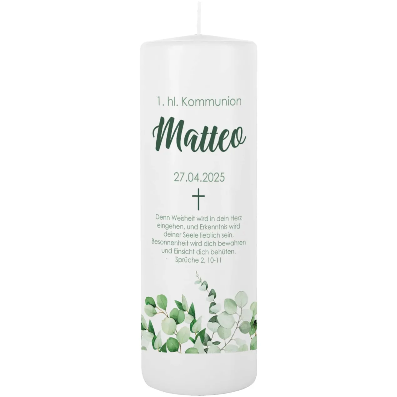 Kerze mit Eukalyptusmotiv zur Taufe, Kommunion oder Konfirmation
