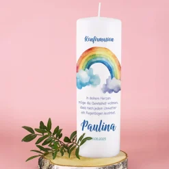 Kerze mit Regenbogenmotiv zur Taufe, Kommunion oder Konfirmation