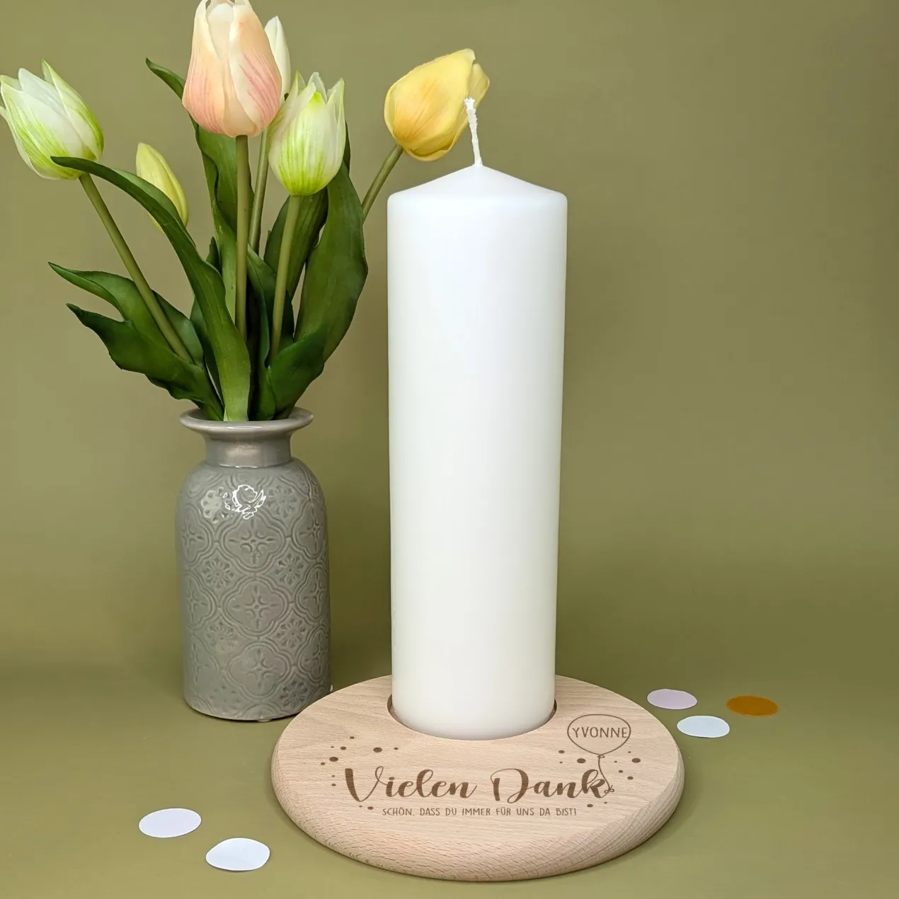 Kerzenteller aus Buchenholz personalisiert mit Name & Wunschtext | Vielen Dank Motiv